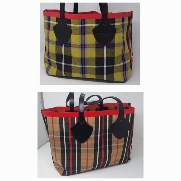 Burberry Women's Medium Giant Tote Bag Reversible Tartan Check Cotton 16" x 12" - Picture 1 of 16